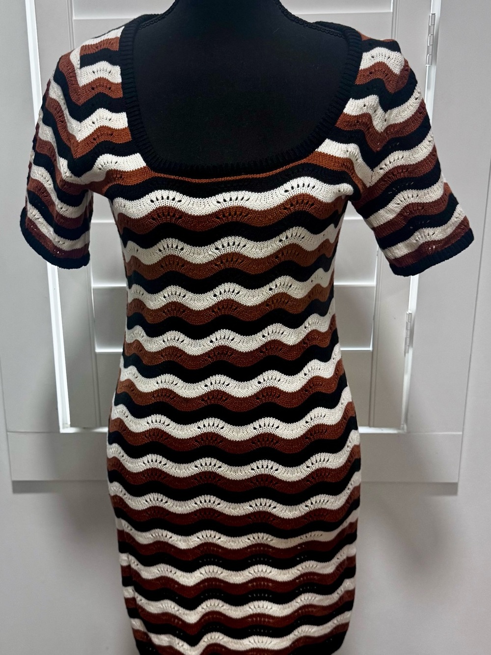 Rhythm Wave Knit Mini Dress in Black, White & Brown